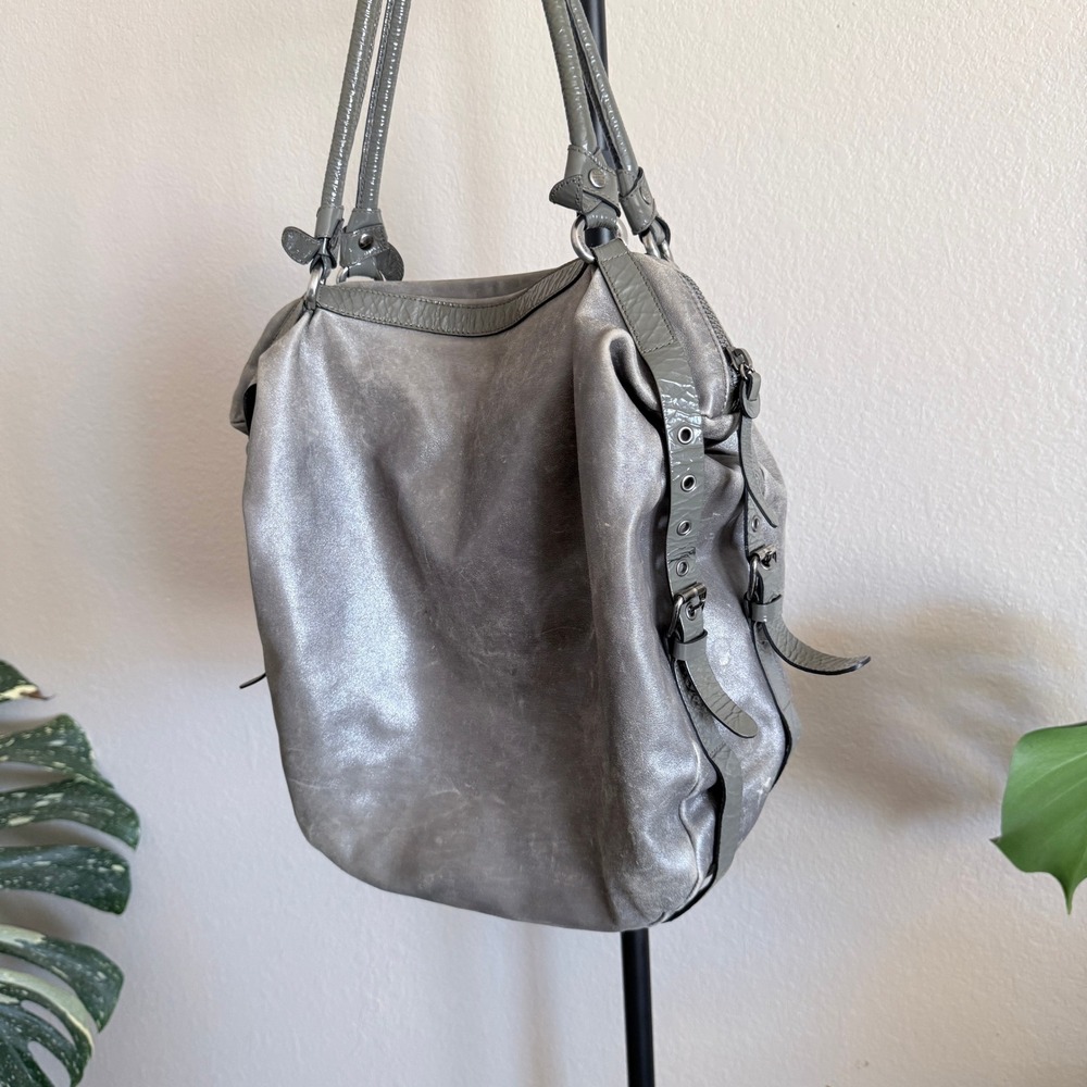 Hogan by TOD's Gray Metallic Leather‎ Hobo Bag Chunky Moto Shoulder Bag - Picture 3 of 11